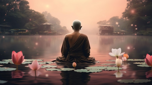 Foto gratis budista medita en un estanque tranquilo
