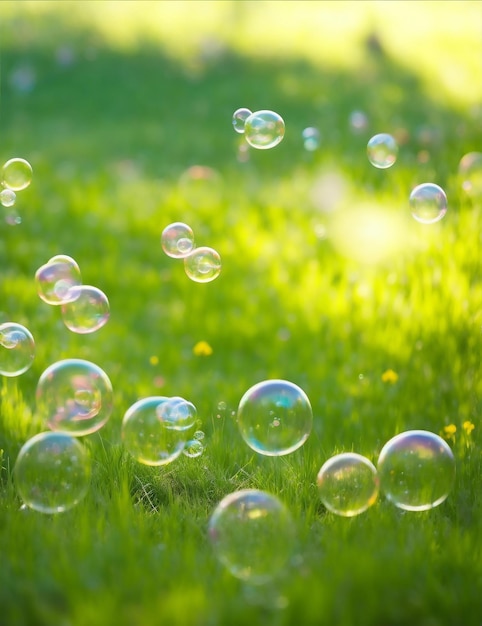 Foto gratis de burbujas flotando en el campo verde generado por ai