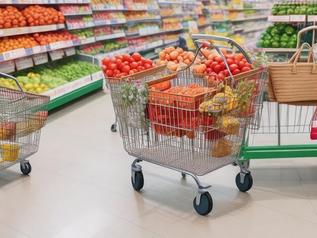 Foto grátis Carrinho de compras vazio com corredor de supermercado borrão e prateleiras de produtos