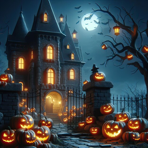 Foto grátis castelo sombrio com abóboras sorridente na noite de Halloween