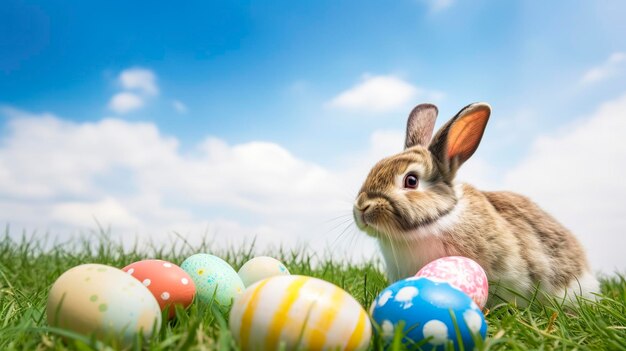 Foto grátis coelho e ovos de páscoa na grama verde com céu azul gerat ai