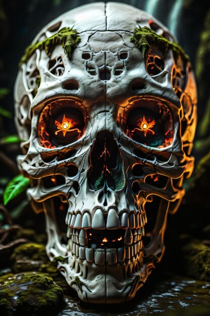 Foto grátis Crânio humano Novo fundo escuro e renderização 3d verde colorido deixa o conceito de Halloween