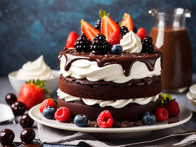 Foto grátis de bolo de chocolate com chantilly e frutas