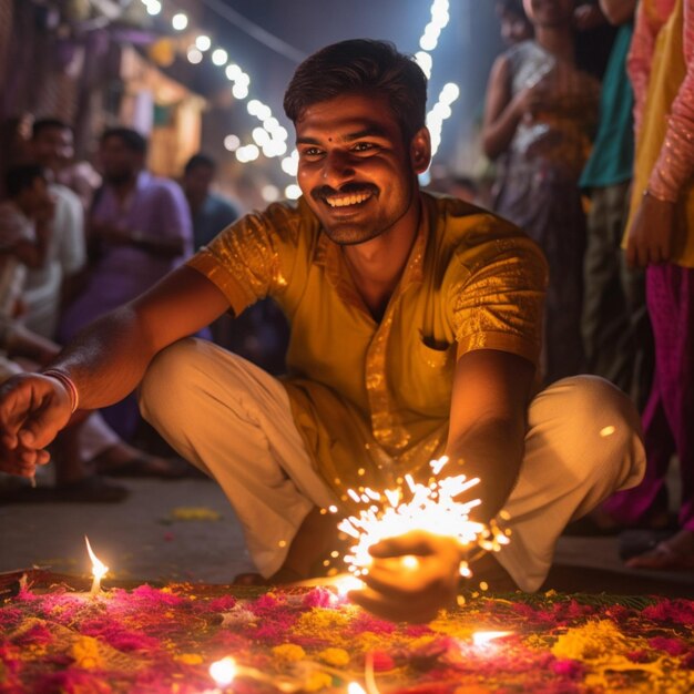Foto foto grátis de índios hindus felizes iluminando deepa no dia de diwali
