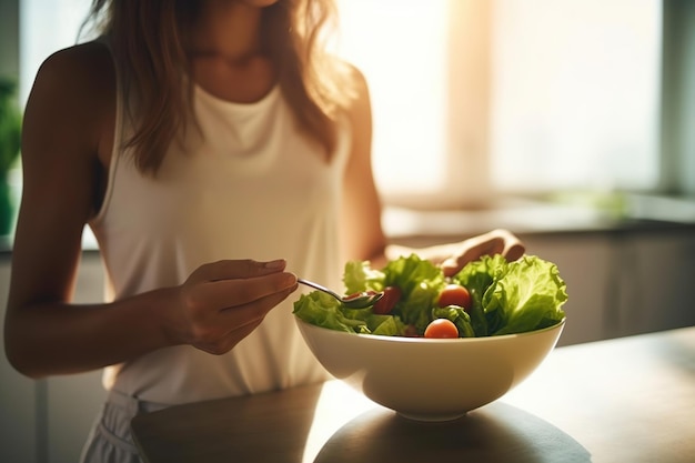 Foto foto grátis de mulher preparando uma salada em uma cozinha iluminada e arejada