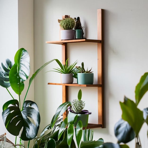 Foto foto gratis de estante de pared con plantas y espacio en blanco.