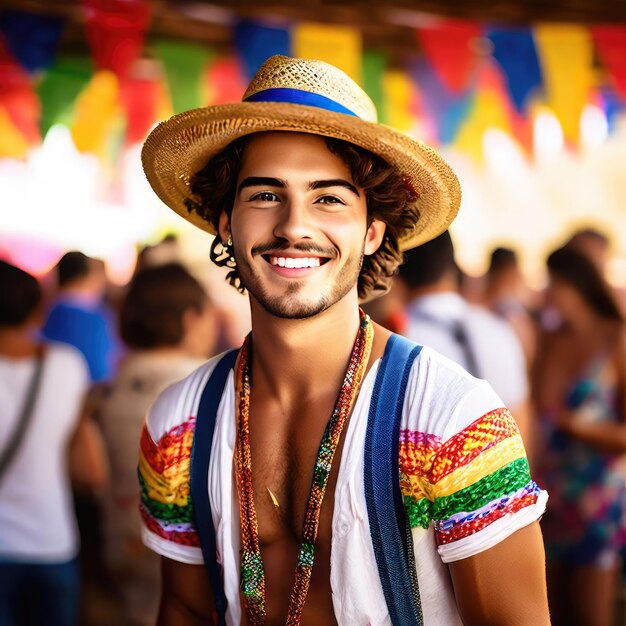 Foto foto grátis festa junina jovem cara bonito em chapéu de palha e bandeiras coloridas festival brasileiro entusiasmado