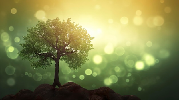 Foto Gratis Fondo 3d del sol brillando sobre un árbol contra un fondo bokeh generat ai