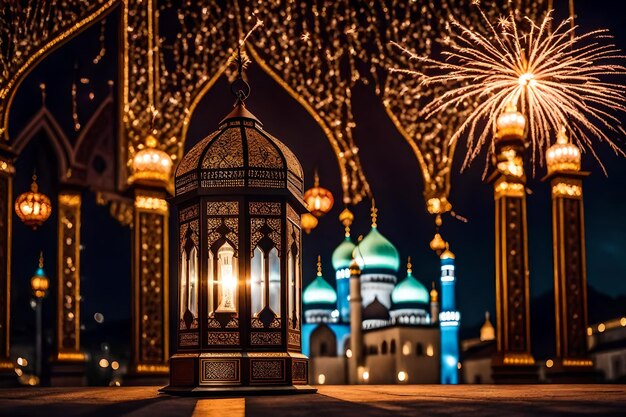 Foto foto grátis foto grátis ramadan kareem eid mubarak lâmpada elegante real com mesquita porta sagrada com fogo