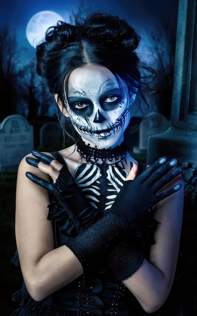 Foto grátis garota atraente está pronta para o Halloween ela tem maquiagem muito assustadora em seu rosto