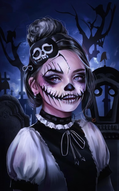 Foto grátis garota atraente está pronta para o Halloween ela tem maquiagem muito assustadora em seu rosto