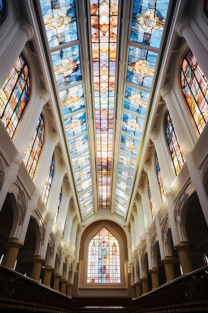 Foto foto gratis interior luminoso de la iglesia con vidrieras vista desde abajo