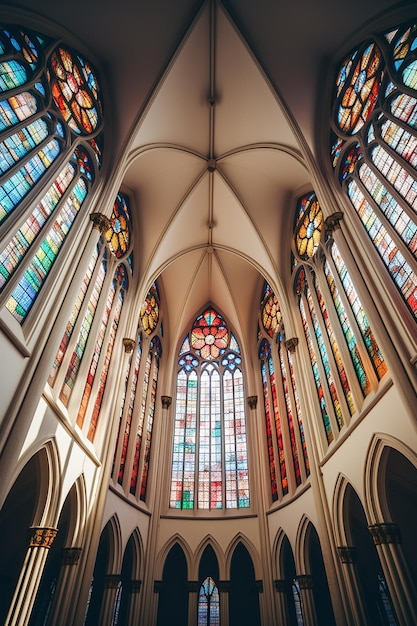 Foto foto gratis interior luminoso de la iglesia con vidrieras vista desde abajo