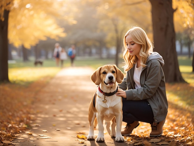 Foto grátis jovem linda loira andando brincando com cachorro beagle no parque