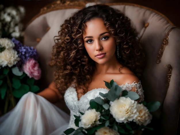 Foto gratis de una joven adulta con un vestido de novia blanco con flores blancas