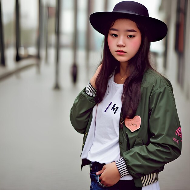 Foto gratis joven y hermosa chica viajera asiática con un sombrero y una chaqueta que dice que soy una chica