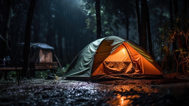 Foto Gratis de Una lluvia en la tienda de campaña en la noche del bosque.