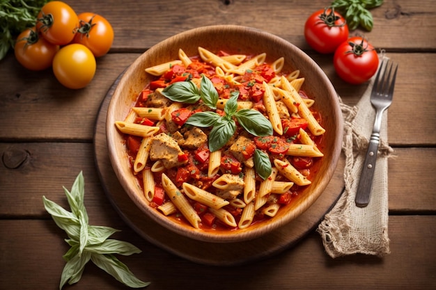 Foto grátis macarrão penne com molho de tomate com salsicha tomate manjericão verde decorado em uma frigideira