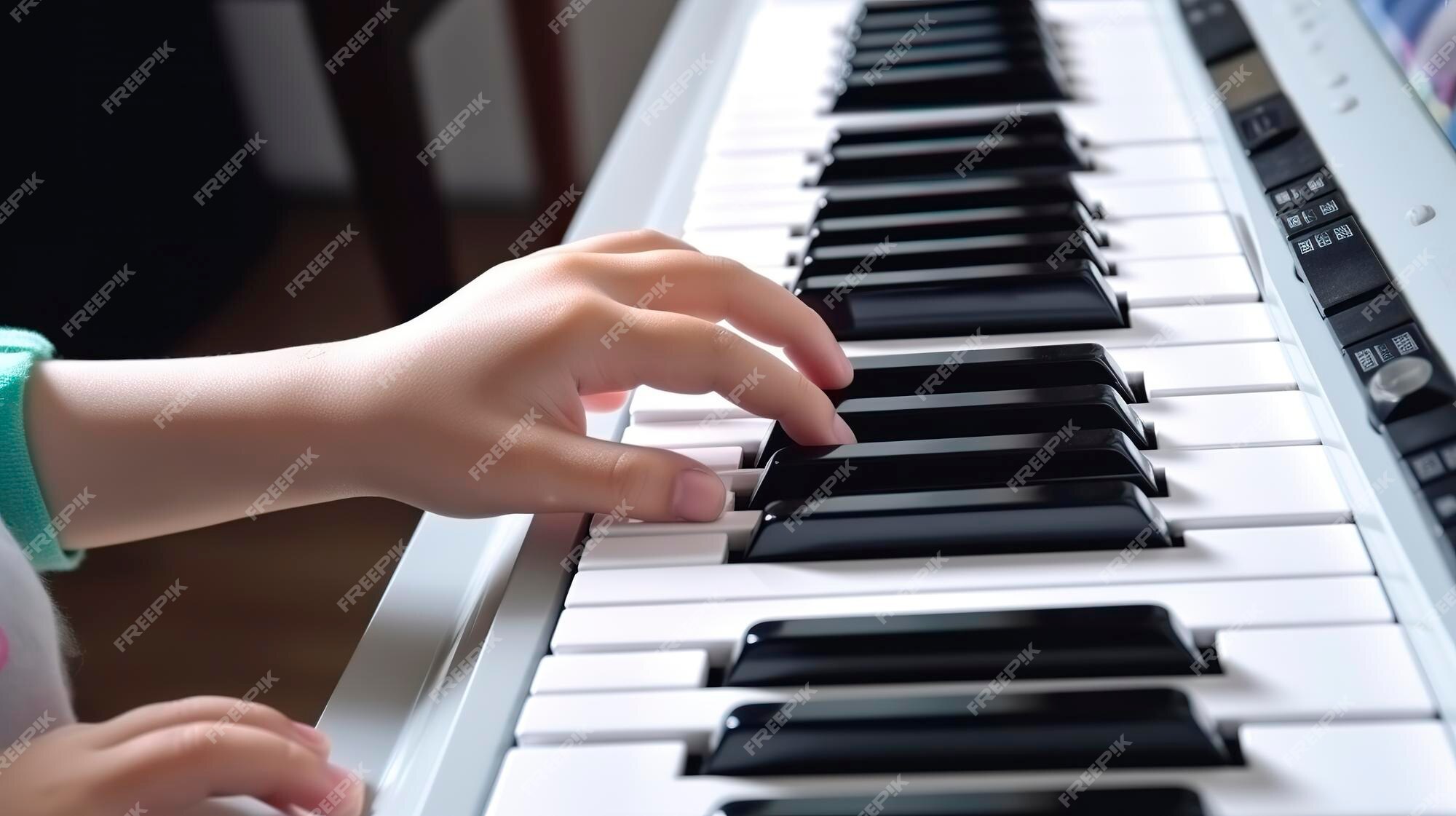 Menina aprende a tocar piano com música online para ensino à