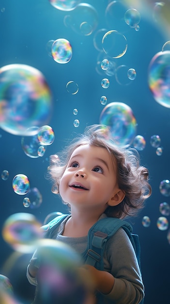 Foto grátis menina, menino, filhos, pai e filho soprando e brincando com bolhas de sabão