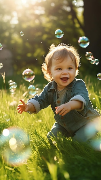 Foto grátis menina, menino, filhos, pai e filho soprando e brincando com bolhas de sabão