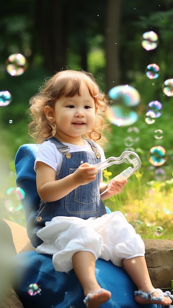 Foto grátis menina menino filhos pai e filho soprando e brincando com bolhas de sabão