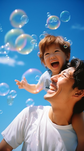 Foto grátis menina menino filhos pai e filho soprando e brincando com bolhas de sabão