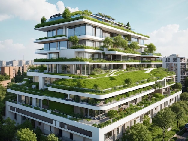 Foto gratis de moderno barrio residencial con techo verde y balcón generada por ai