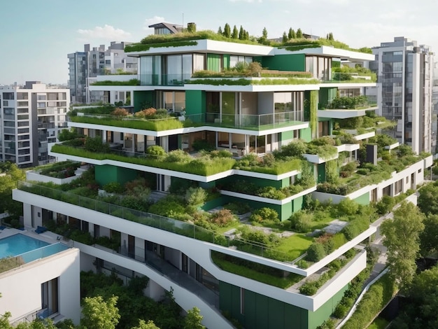 Foto gratis de moderno barrio residencial con techo verde y balcón generada por ai