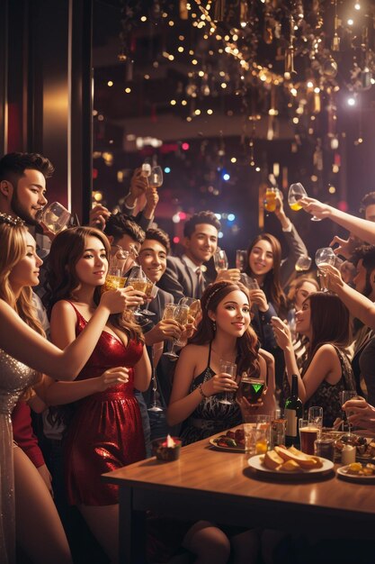 Foto gratis muchas mujeres y hombres jóvenes bebiendo en la fiesta de año nuevo