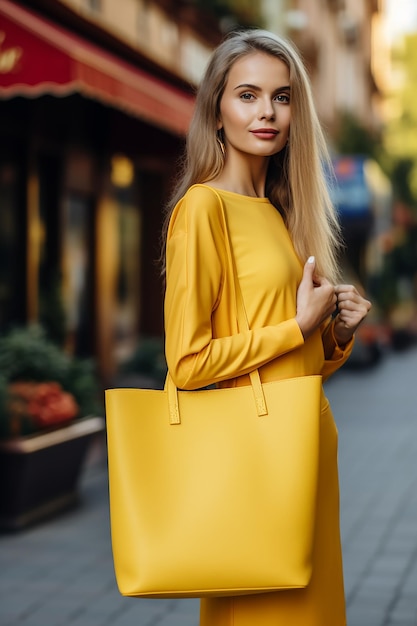 Foto gratis mujer sosteniendo un bolso amarillo en la mano