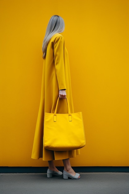 Foto gratis mujer sosteniendo un bolso amarillo en la mano
