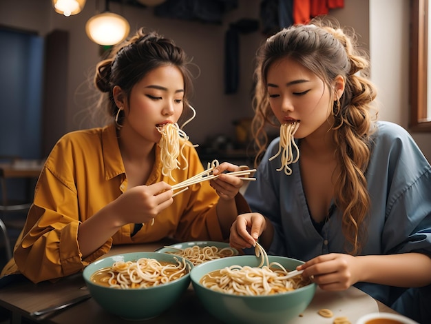 Foto gratis mujer vista frontal comiendo fideos