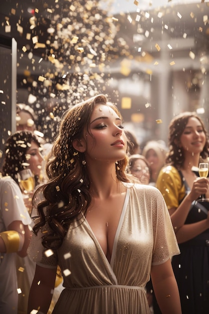 Foto grátis mulheres com champanhe sob chuva de confetes