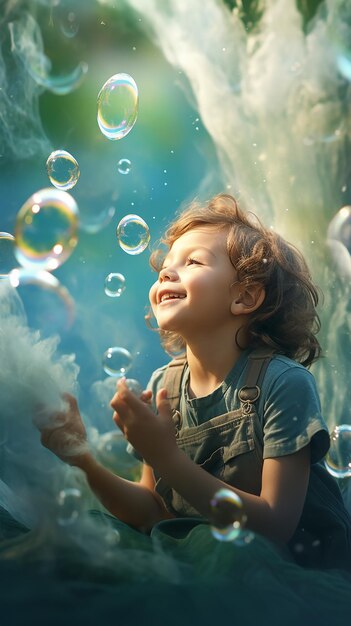 Foto gratis niña niño niños padre y niño soplando y jugando con pompas de jabón