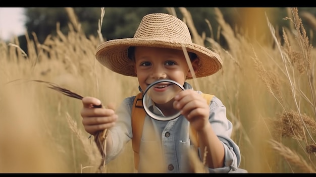 una foto gratis de niño buscando en el campo