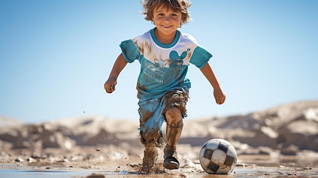 Una foto gratis de niño jugando al fútbol.