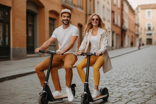 Foto gratis pareja sonriente posando juntos al aire libre en scooters eléctricos Mini movilidad