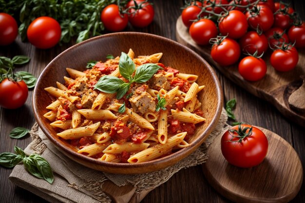 Foto gratis pasta penne con salsa de tomate con salchicha tomates albahaca verde decorada en una fritura