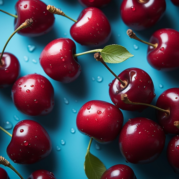 Foto gratis un patrón de rodajas de cereza sobre fondo turquesa