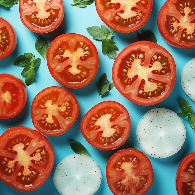 Foto gratis un patrón de rodajas de tomate sobre fondo turquesa