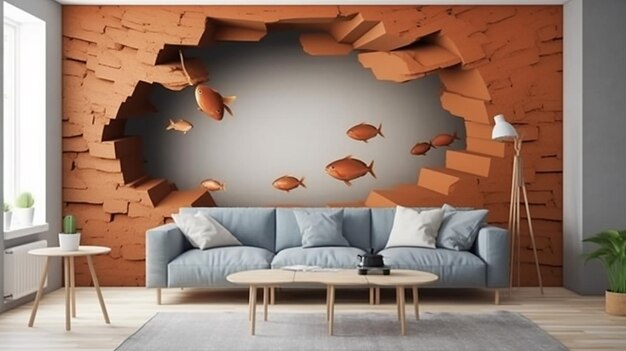 una foto gratis de peces renderizados en 3d en la pared