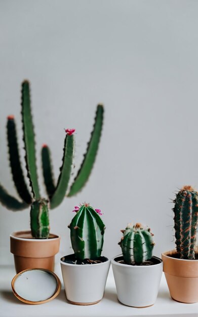 Foto grátis pequenos cactos com fundo de parede branca