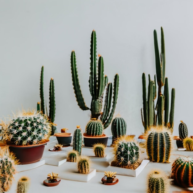 Foto foto gratis pequeños cactus con fondo de pared blanca