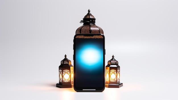 Foto grátis Ramadan Phone 14 com lanterna em fundo branco