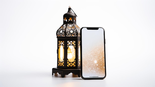 Foto grátis Ramadan Phone 14 com lanterna em fundo branco