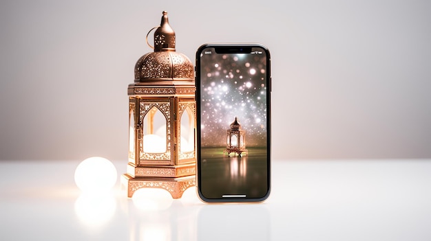 Foto grátis Ramadan Phone 14 com lanterna em fundo branco