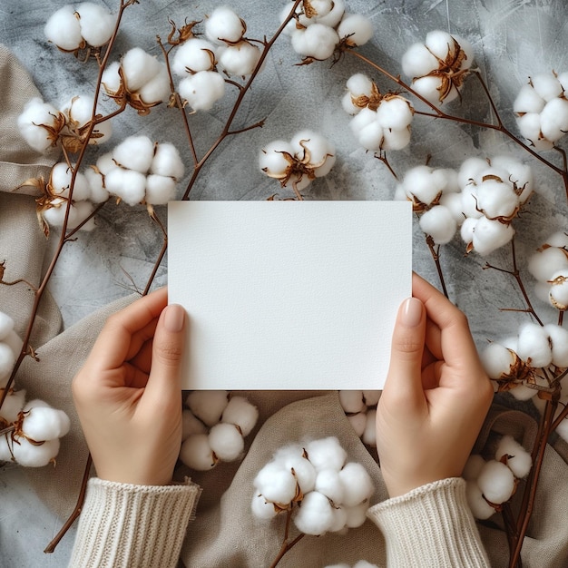 Foto grátis Ramo de algodão com papel em branco vazio