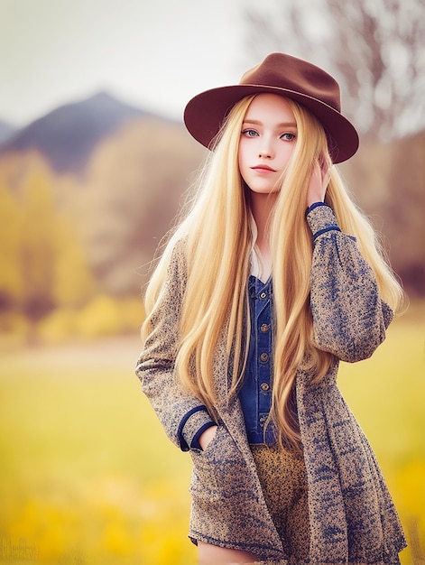 Foto gratis retrato positivo de moda al aire libre de sombrero vintage de pelo largo y rubio de chica hipster con estilo
