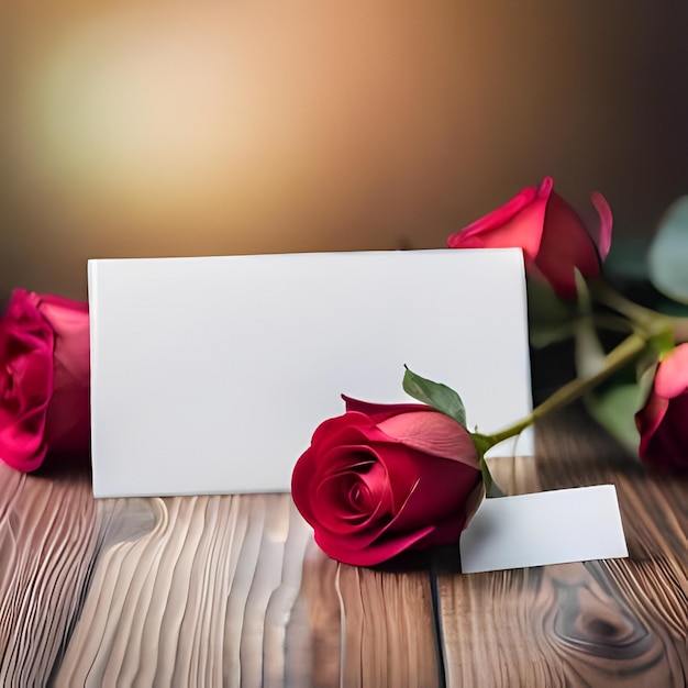 Foto gratis rosas en mesa de madera con tarjeta en blanco